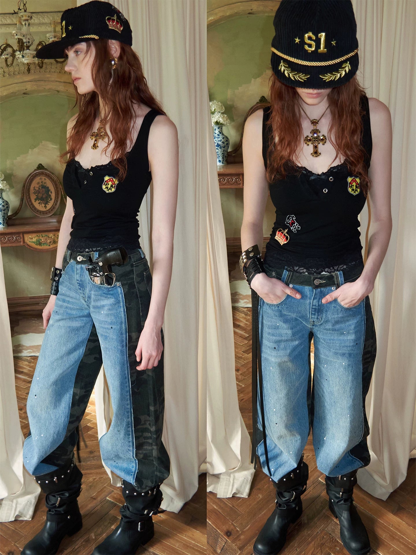 Camouflage Patchwork Denim Straight-Leg Jeans