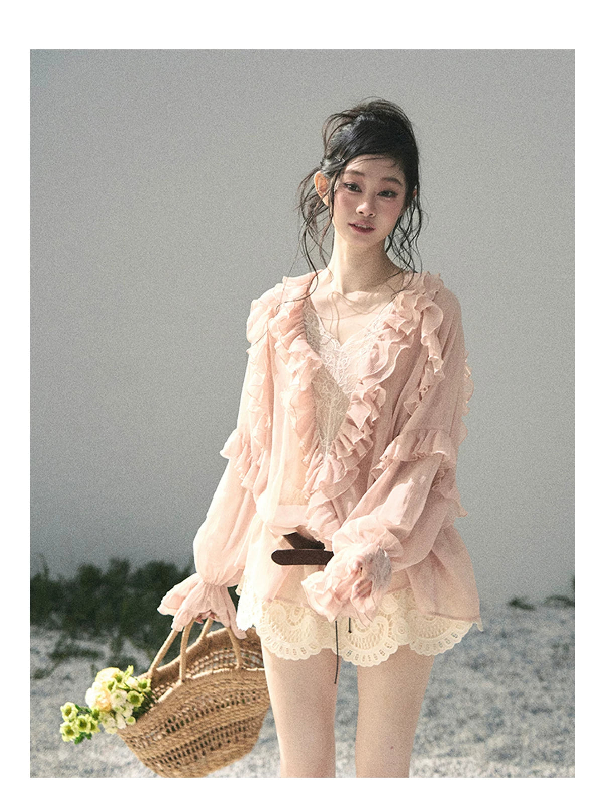 French Ruffle Lace Chiffon Blouse