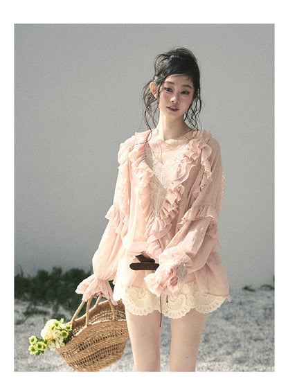 French Ruffle Lace Chiffon Blouse