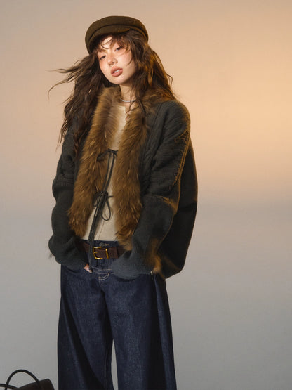 Tie-Detail Batwing Faux Fur Collar Sweater