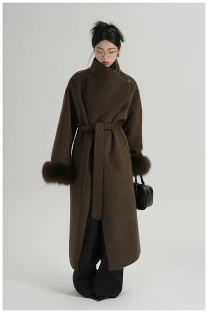 Elegant Fox-Fur Sleeve Long Wool Coat