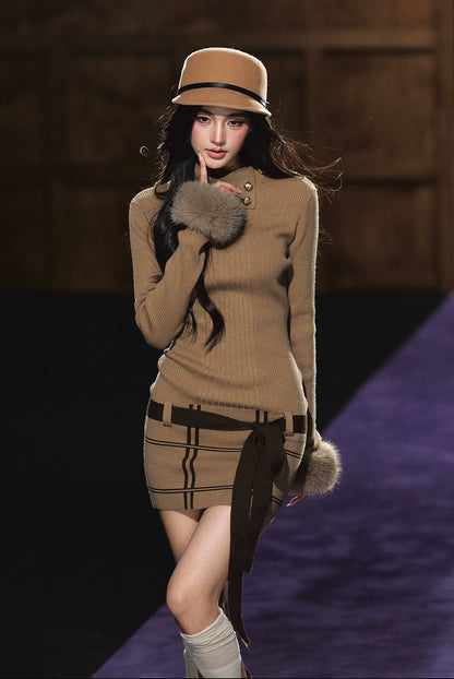 Faux Fur Cuff High-Neck Knit Dress