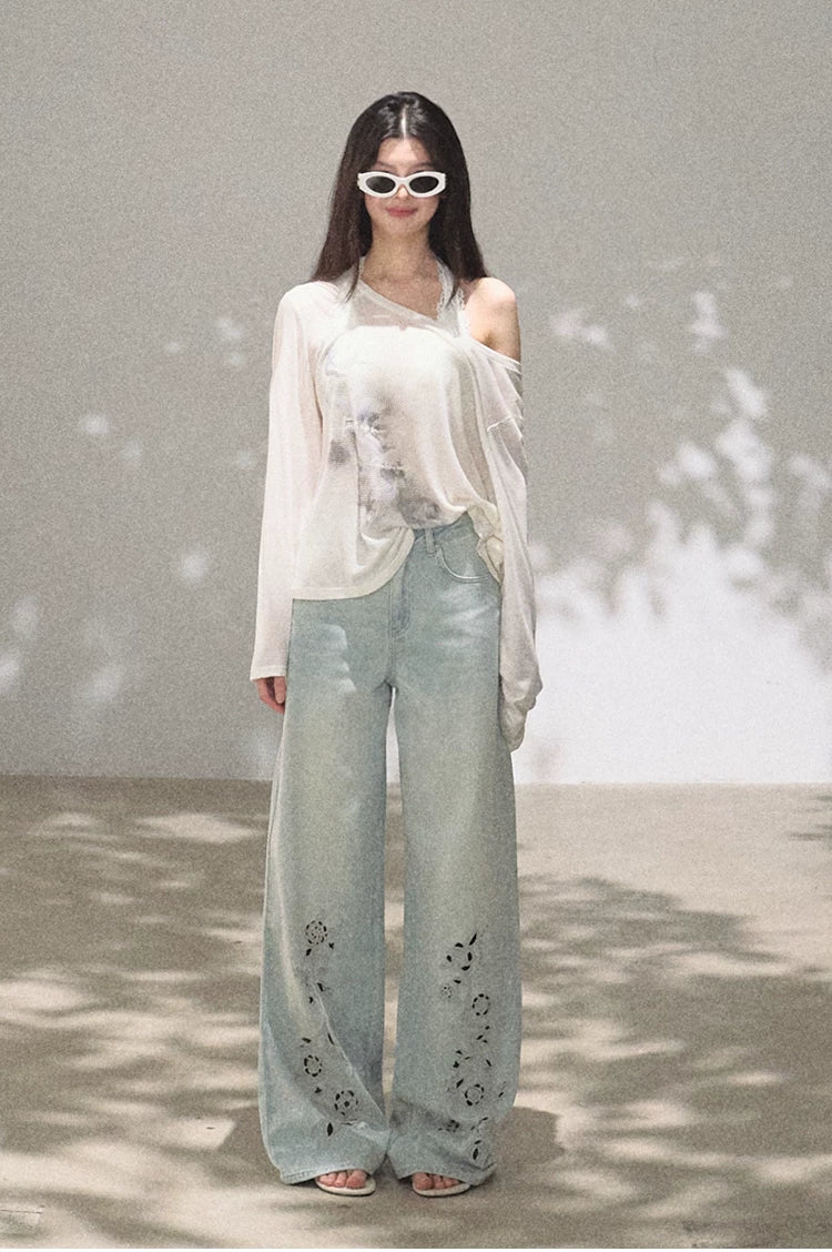 Asymmetric Wool-Modal Lightweight Off-Shoulder Knit T-shirt