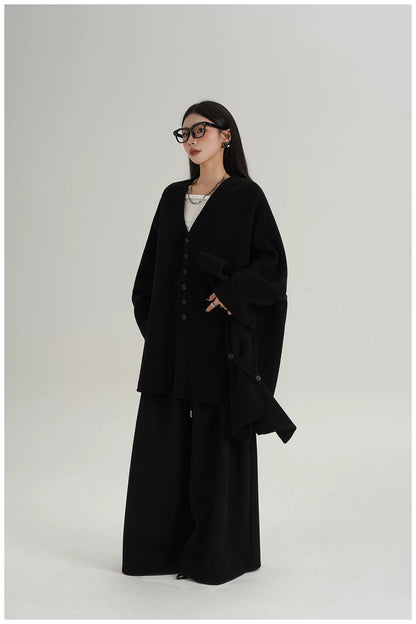 Scarf-Detail Mid-Length Wool Jacket