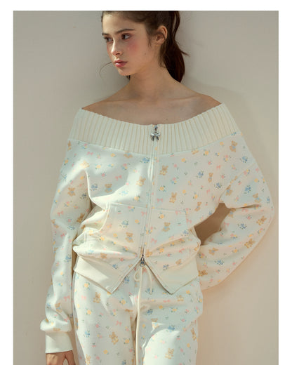 Floral Bunny Off-Shoulder Zip-up Sweatshirt