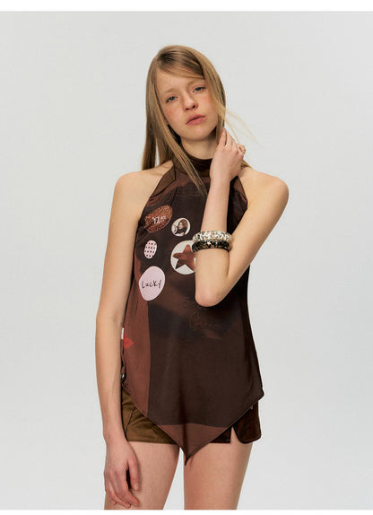 Vintage Printed Asymmetric Hem Halter Top