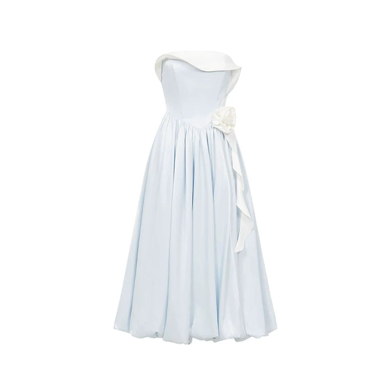 Satin Floral Bubble Hem Strapless Dress