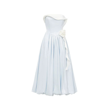 Satin Floral Bubble Hem Strapless Dress