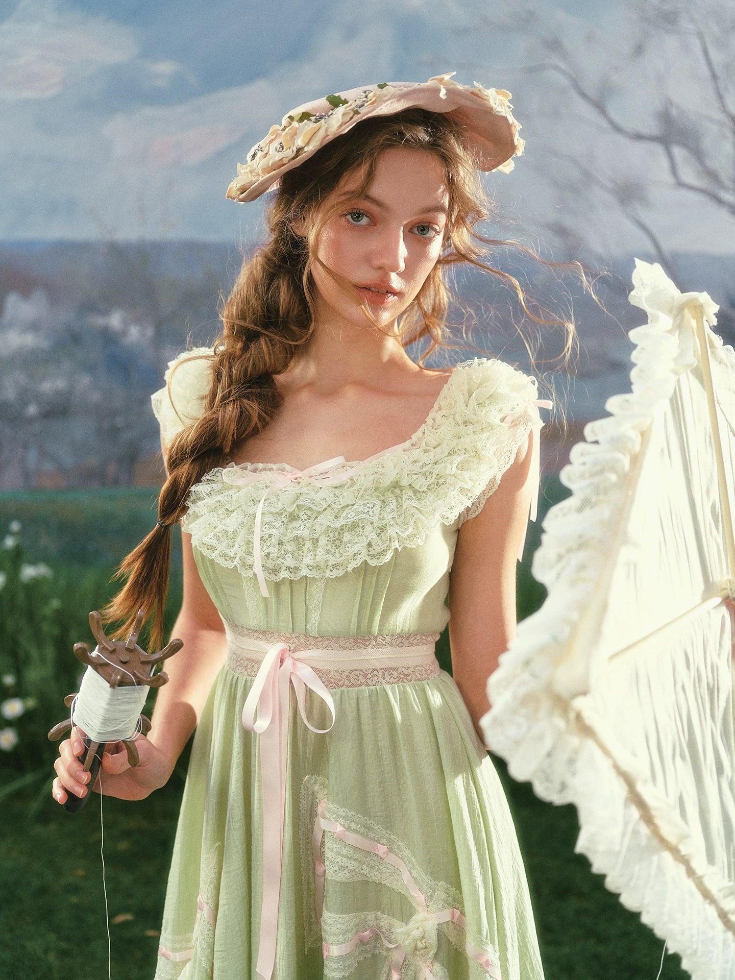 Green Kite Off-Shoulder Lace Fairy Dress