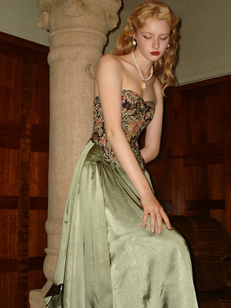 Jacquard Corset Top &amp; Vintage Satin Skirt Set