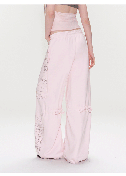 Vintage Graphic Drawstring Wide-Leg Pants