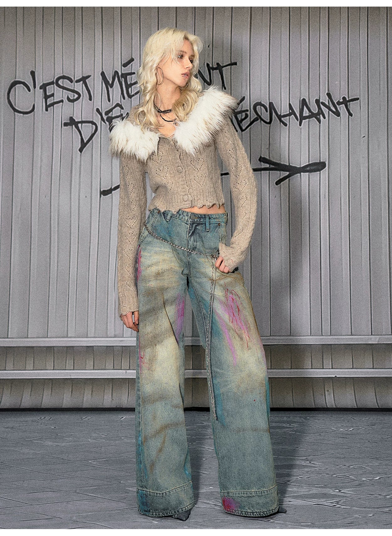 Washed Blue Graffiti Straight-Leg Denim Jeans