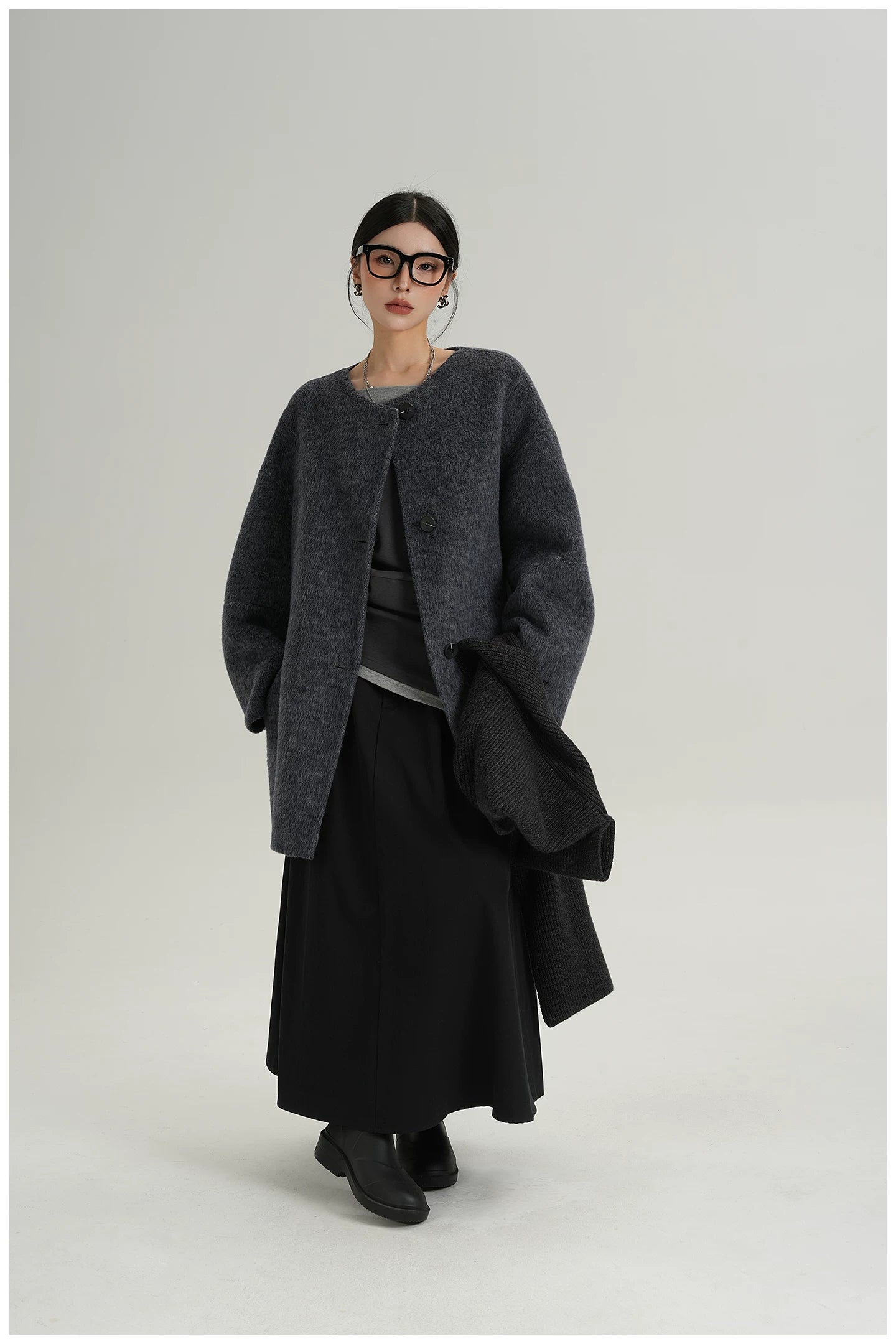 Knitted Hooded Scarf Mid-Length Wool Coat