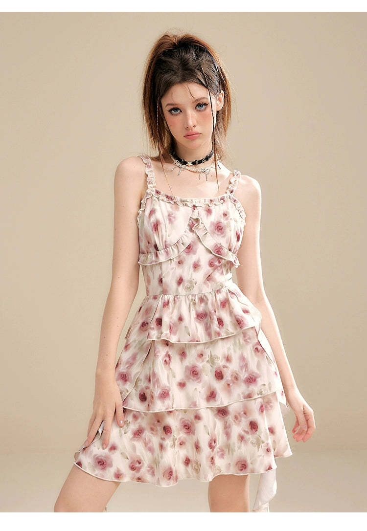 Apricot Floral Asymmetrical Strap Dress