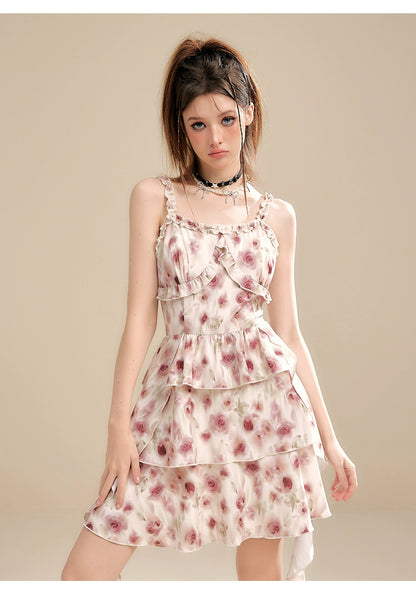 Apricot Floral Asymmetrical Strap Dress