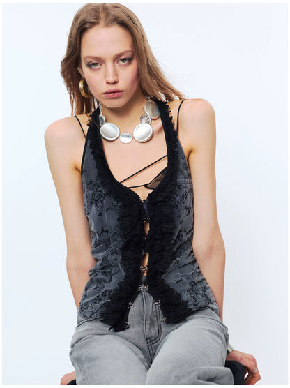 Lace Ruffle Floral Halterneck Camisole