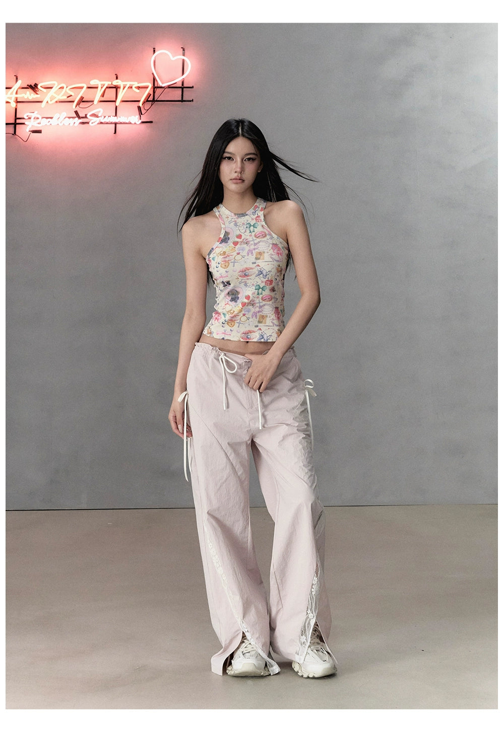 Pink Lace Patchwork Casual Cargo Pants