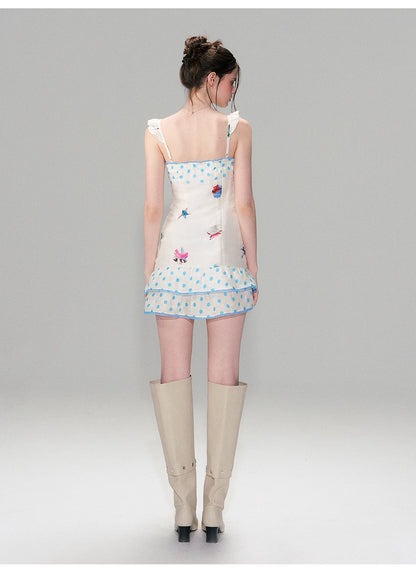 Vintage Contrast Print Flutter Strap Mini Dress