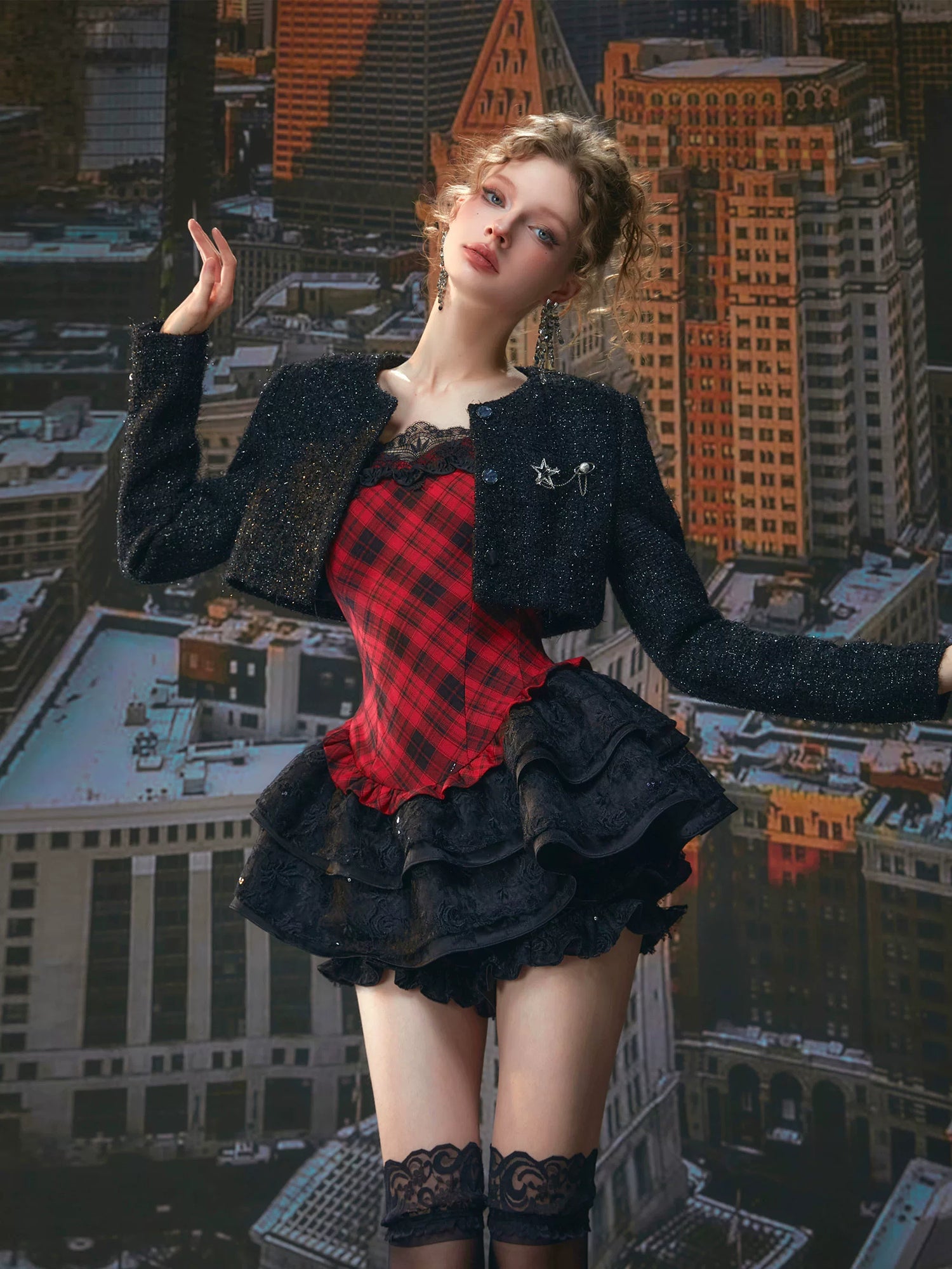 Plaid Puff Dress with Lace Overlay Set