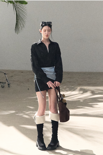 Waist-Cinched Long-Sleeve Shirt Dress