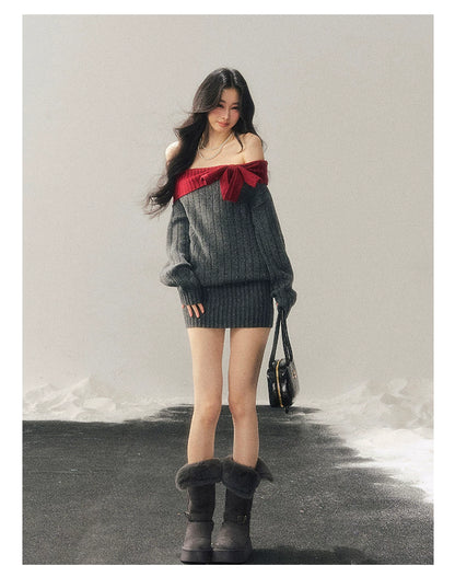 Off-Shoulder American-Style Knit Mini Dress