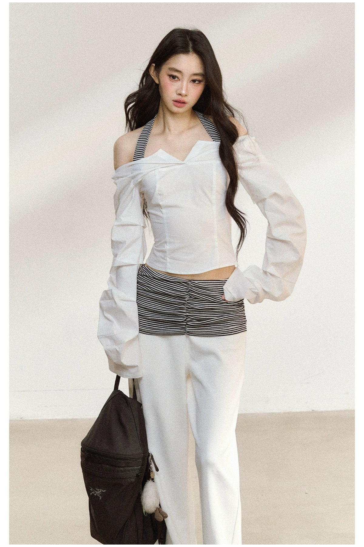 White V-Neck Off-Shoulder Cropped Blouse