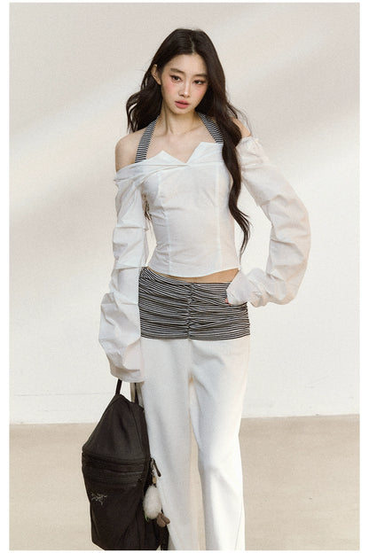 White V-Neck Off-Shoulder Cropped Blouse