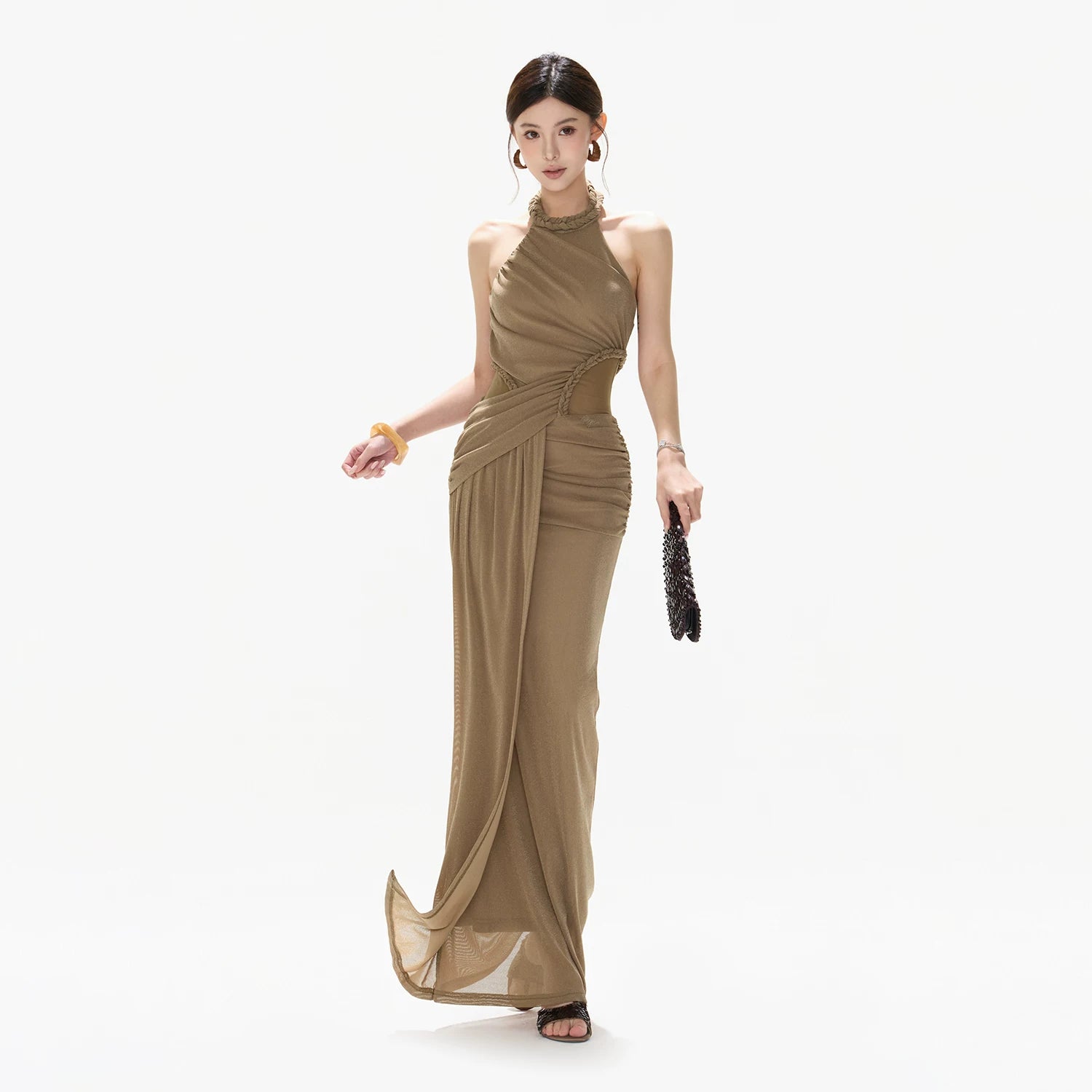 Elegant Ruched Mesh Halter Evening Dress