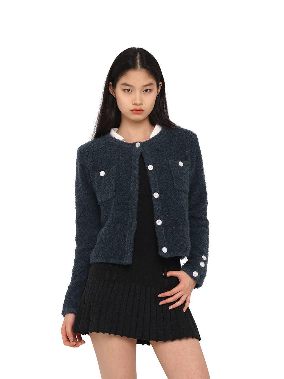 Navy Contrasting Buttons Knit Cardigan &amp; Skirt Set