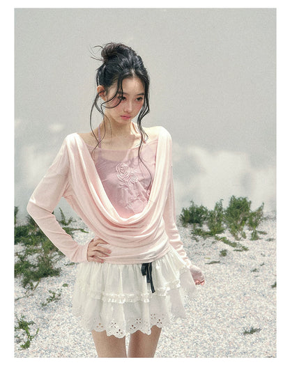 Rose Embroidery Draped Blouse Set
