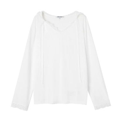 Lace Panel Tie-Detail Hooded Blouse