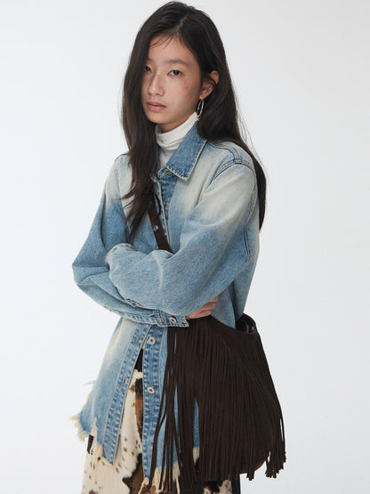 Vintage Washed Frayed Denim Fitted Shirt