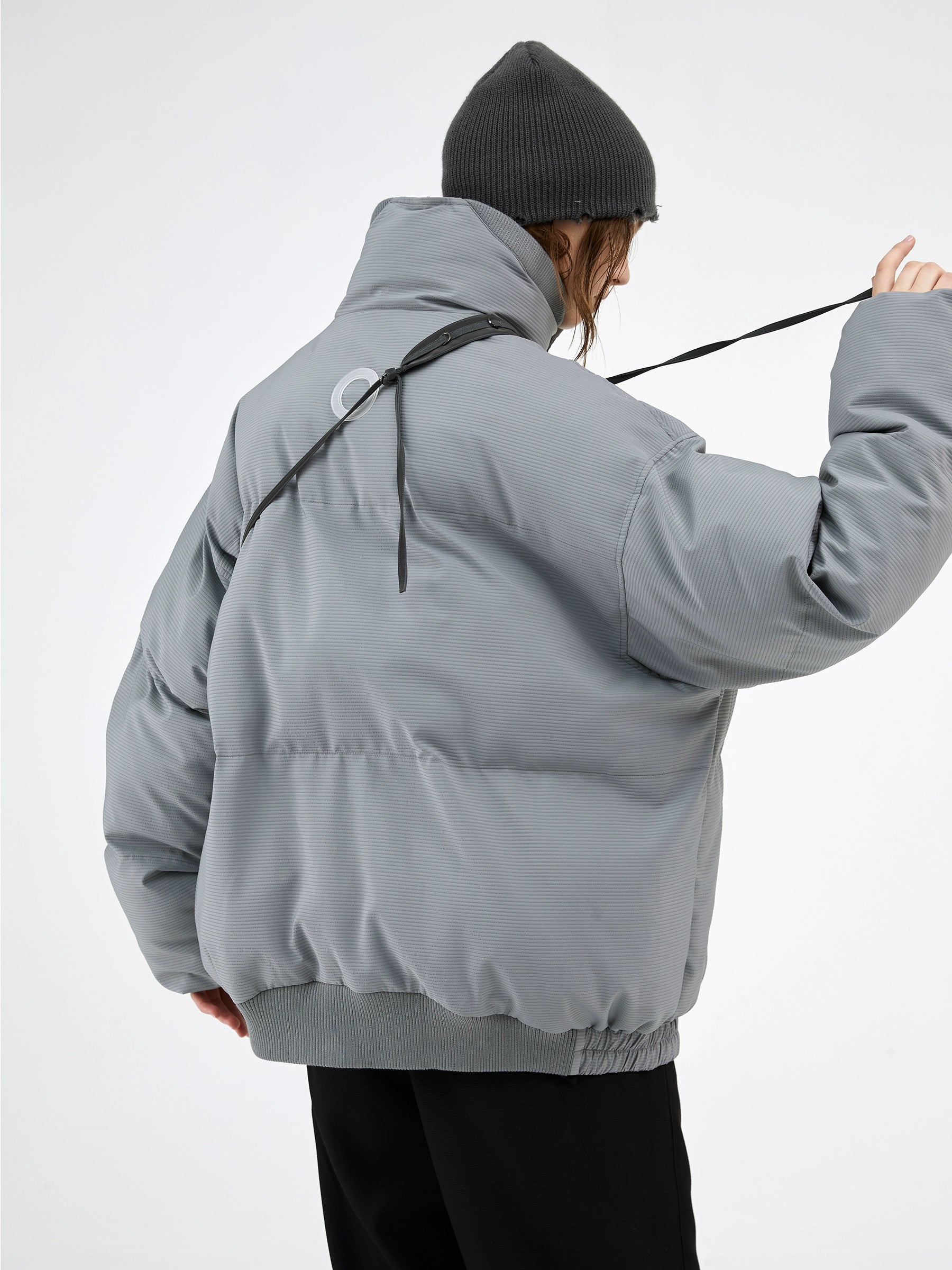 Textured Stripe-Panel Oversized Winter Puffer Jacket