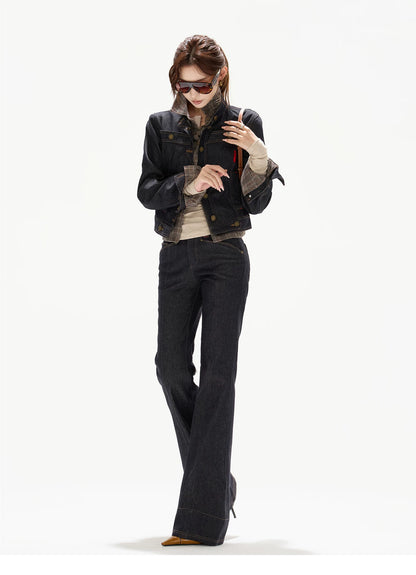 Plaid Mid-Rise Flared Wide-Leg Jeans