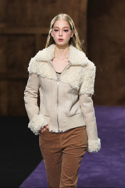 Faux Shearling Fitted Fur-Collar Jacket