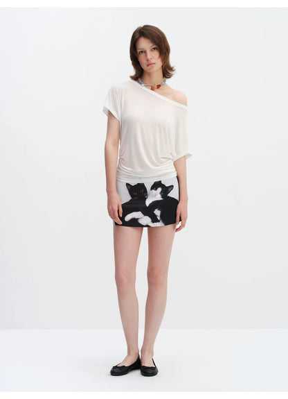 Cat Print A-Line Mini Skirt