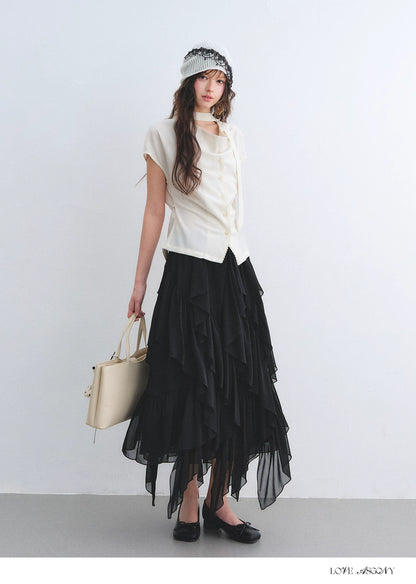 Linen Blend Lace Trim Draped Neck Tie-Waist Blouse