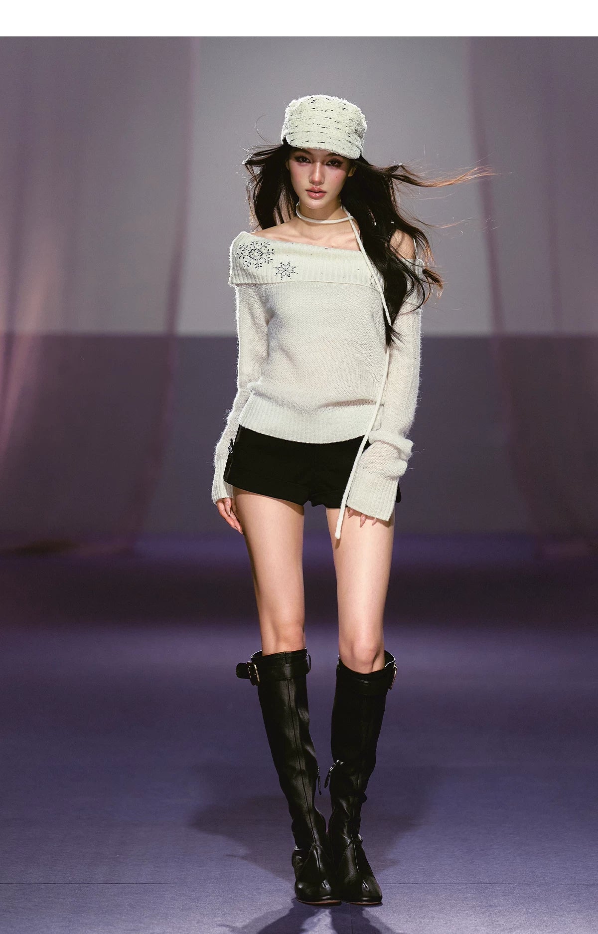 Snowflake Rhinestone Off-Shoulder Knit Sweater