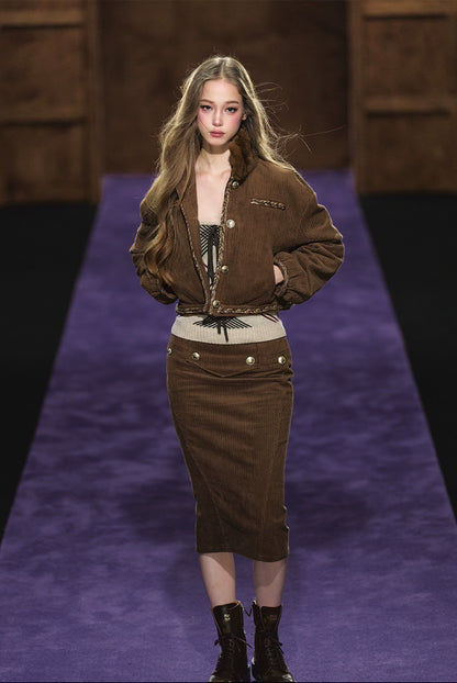 Corduroy Fur-Collar Jacket &amp; Skirt Set