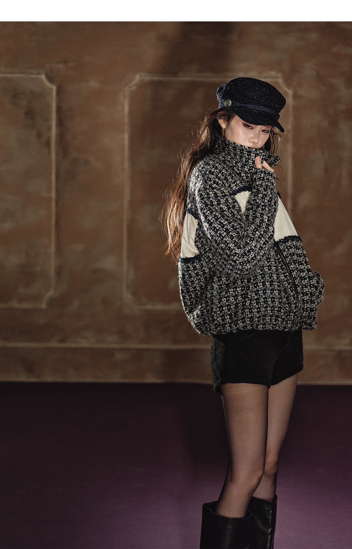 Wool-Blend Colorblock Stand Collar Padded Jacket