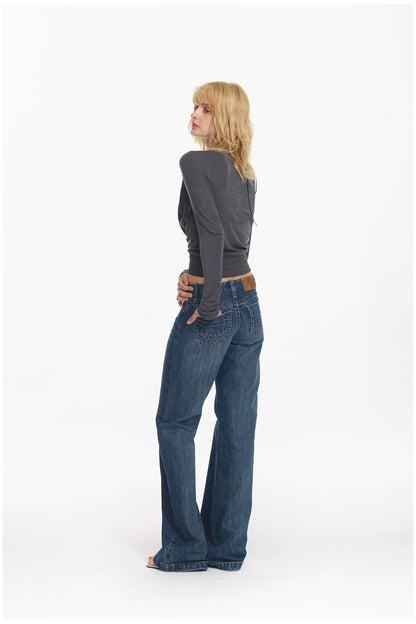 Washed Blue Embroidered Straight Jeans - CHINASQUAD