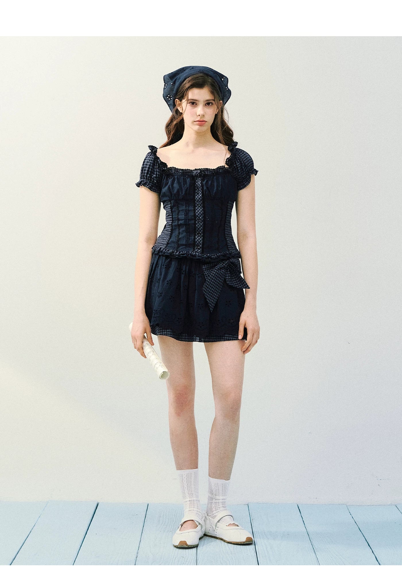 Vintage Plaid Lace Ribbon Two-Piece Set
