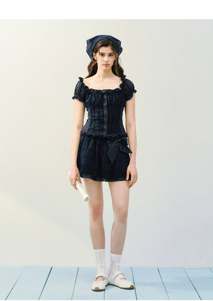 Vintage Plaid Lace Ribbon Two-Piece Set