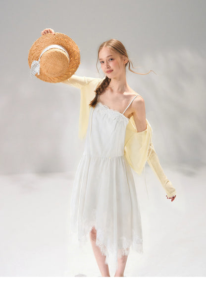 Asymmetric Lace-Trim Slip Midi Dress
