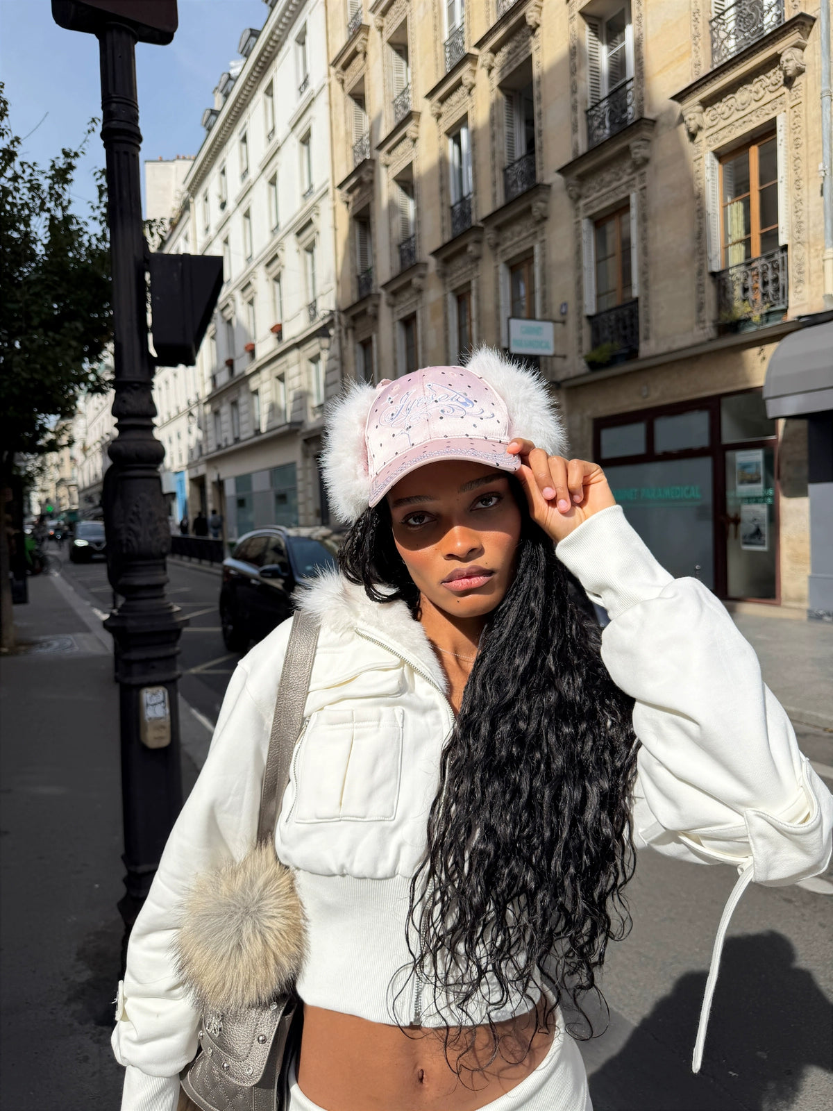 Rhinestone Ear-Flap Furry Baseball Cap