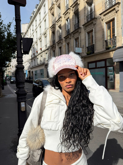 Rhinestone Ear-Flap Furry Baseball Cap
