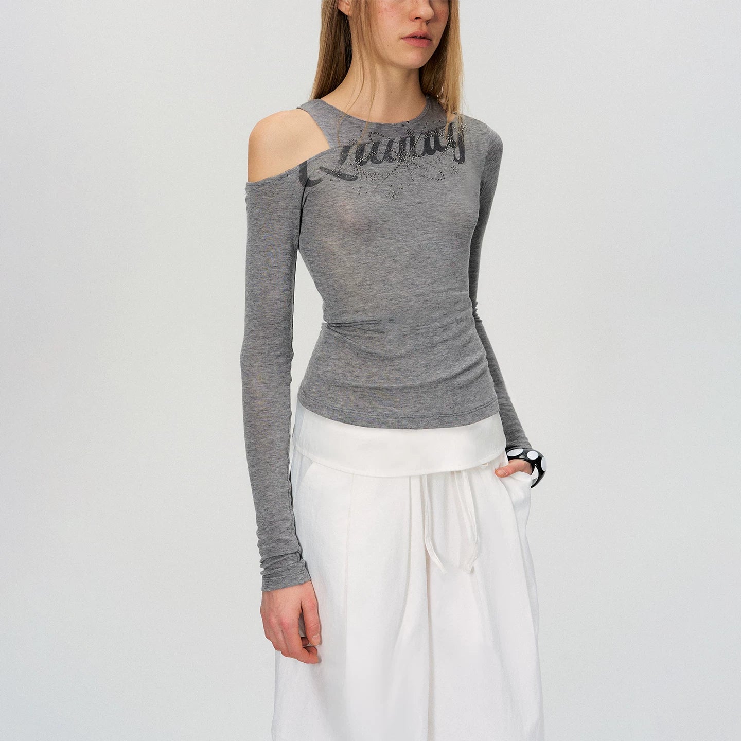 Asymmetric Rhinestone Graphic Cut-Out Slim Fit Top