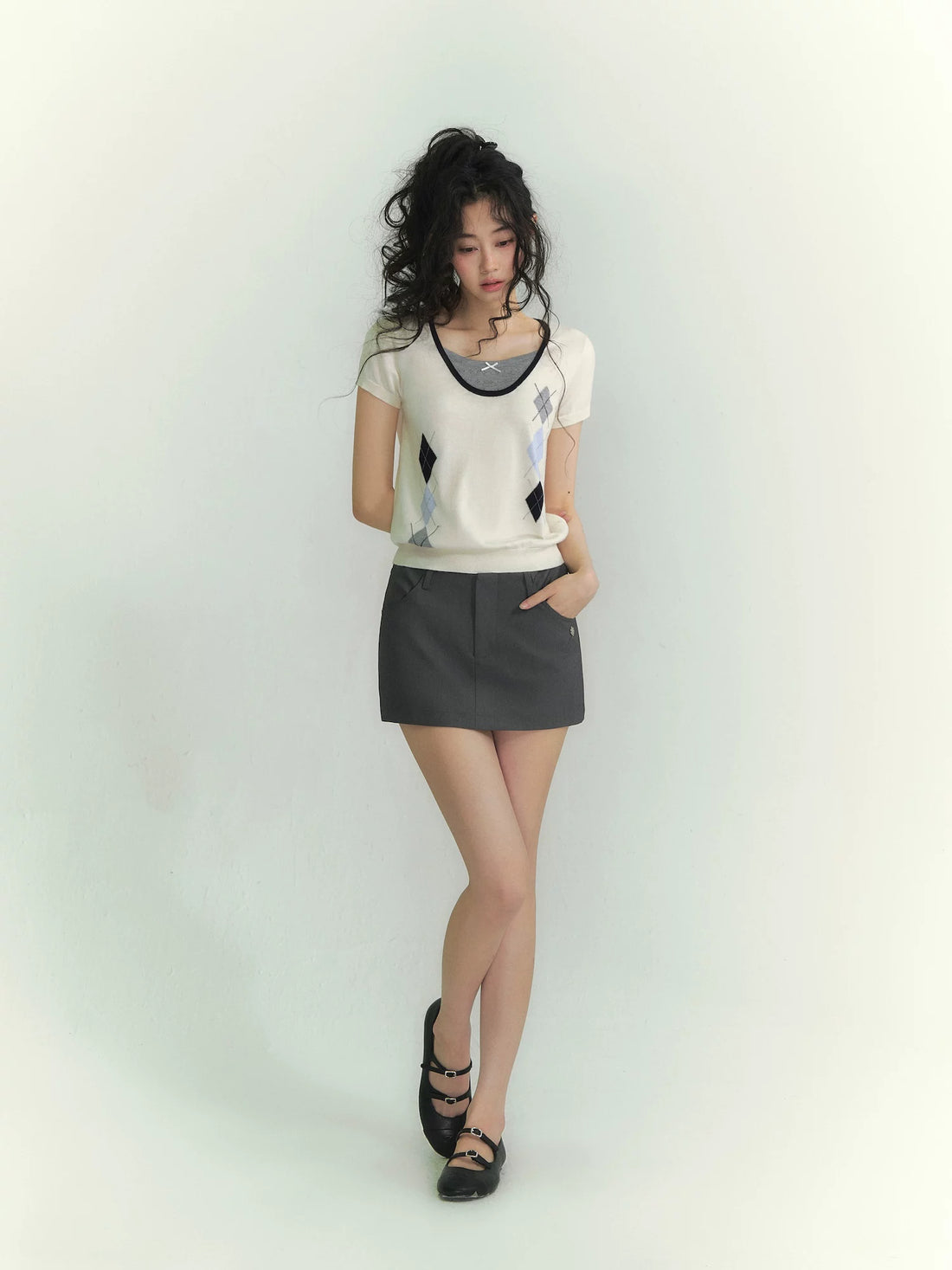 Argyle Color-Block Layered Short Sleeve Top