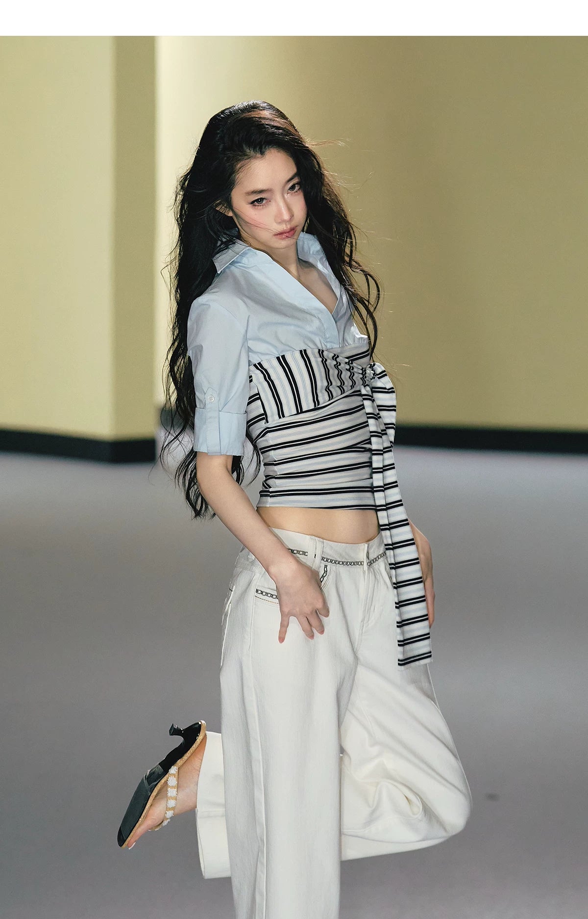 Layered Contrast Tie-Waist Shirt Top