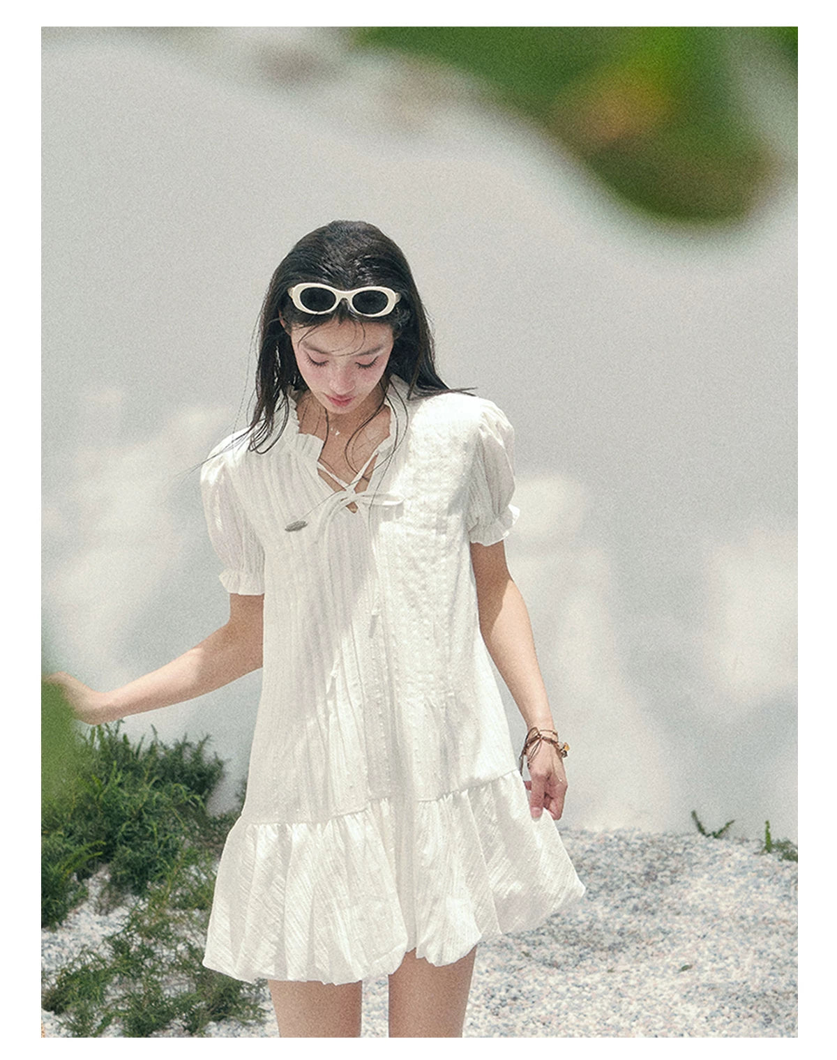 Soft Pleated Puff-Sleeve Mini Dress